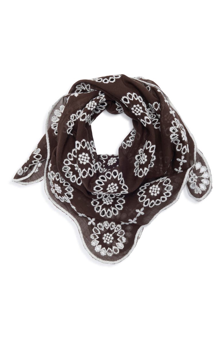 Embroidered Floral Eyelet Organic Cotton Bandana, Alternate, color, DARK BROWN