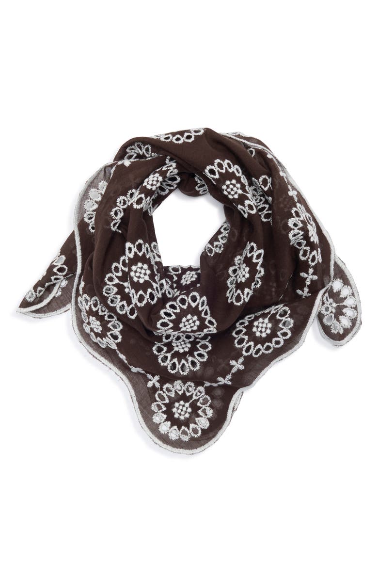 Madewell Embroidered Floral Eyelet Organic Cotton Bandana, Alternate, color, Dark Brown