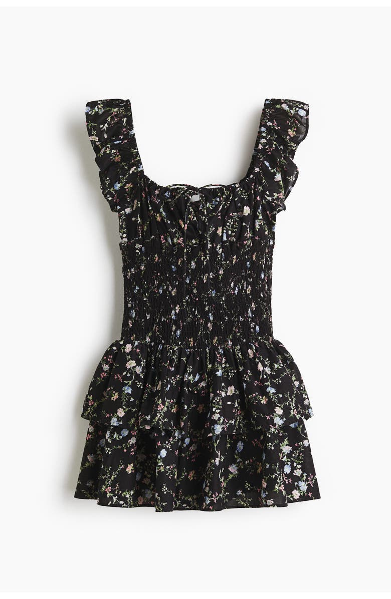 H&M Smocked-waist dress, Alternate, color, Black/Floral