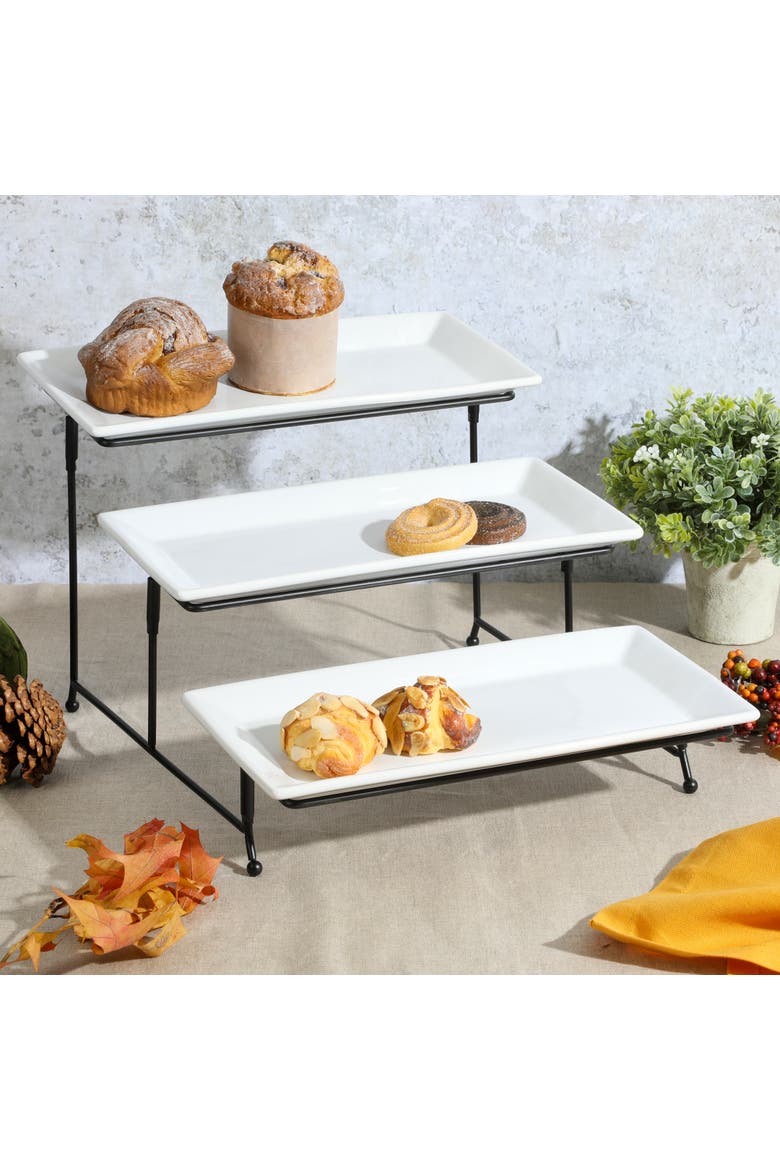 Gracious Dining Serving Set w/ Plates & Metal Stand, Alternate, color, White