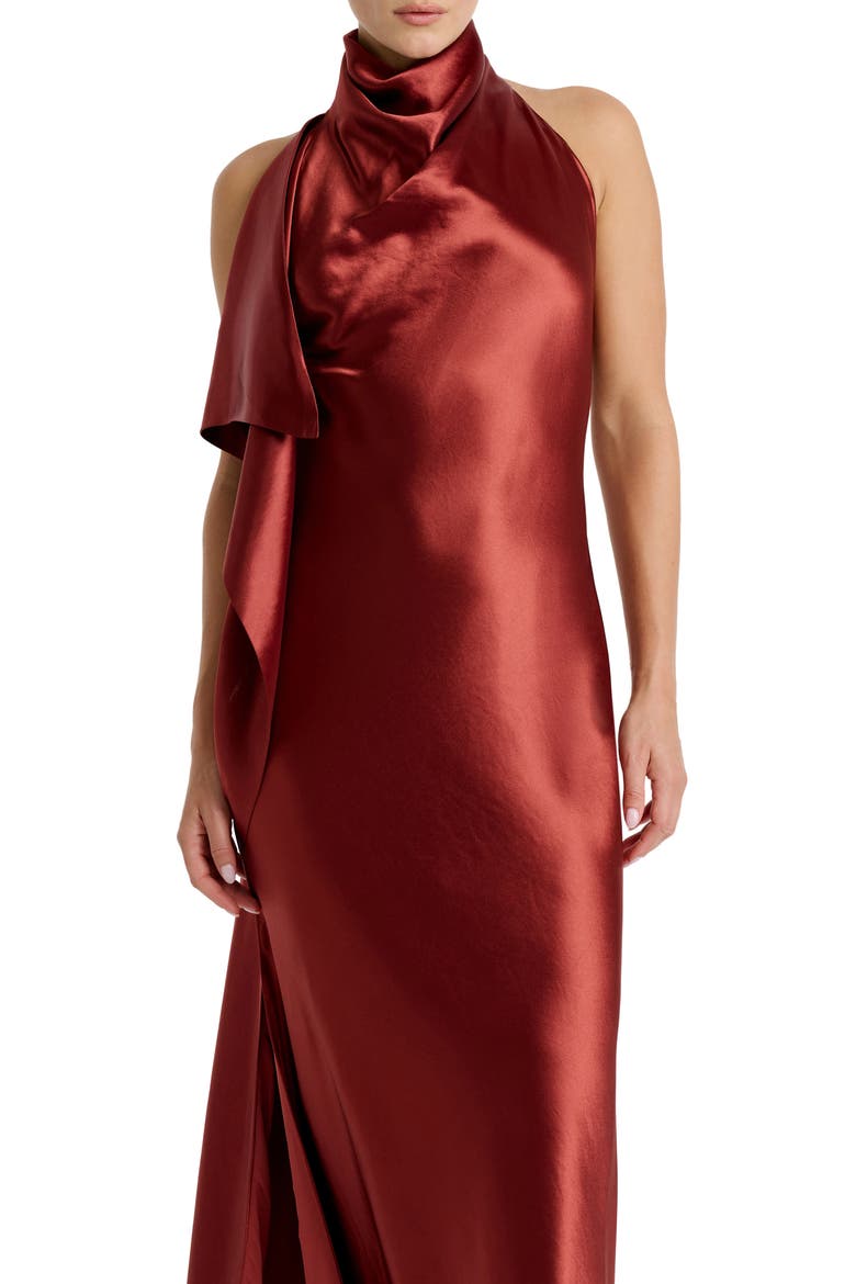 Sierra Drape Mock Neck Halter Satin Gown, Alternate, color, RUST
