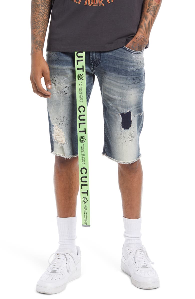 Cult of Individuality Belted Rocker Denim Shorts, Main, color, Moss