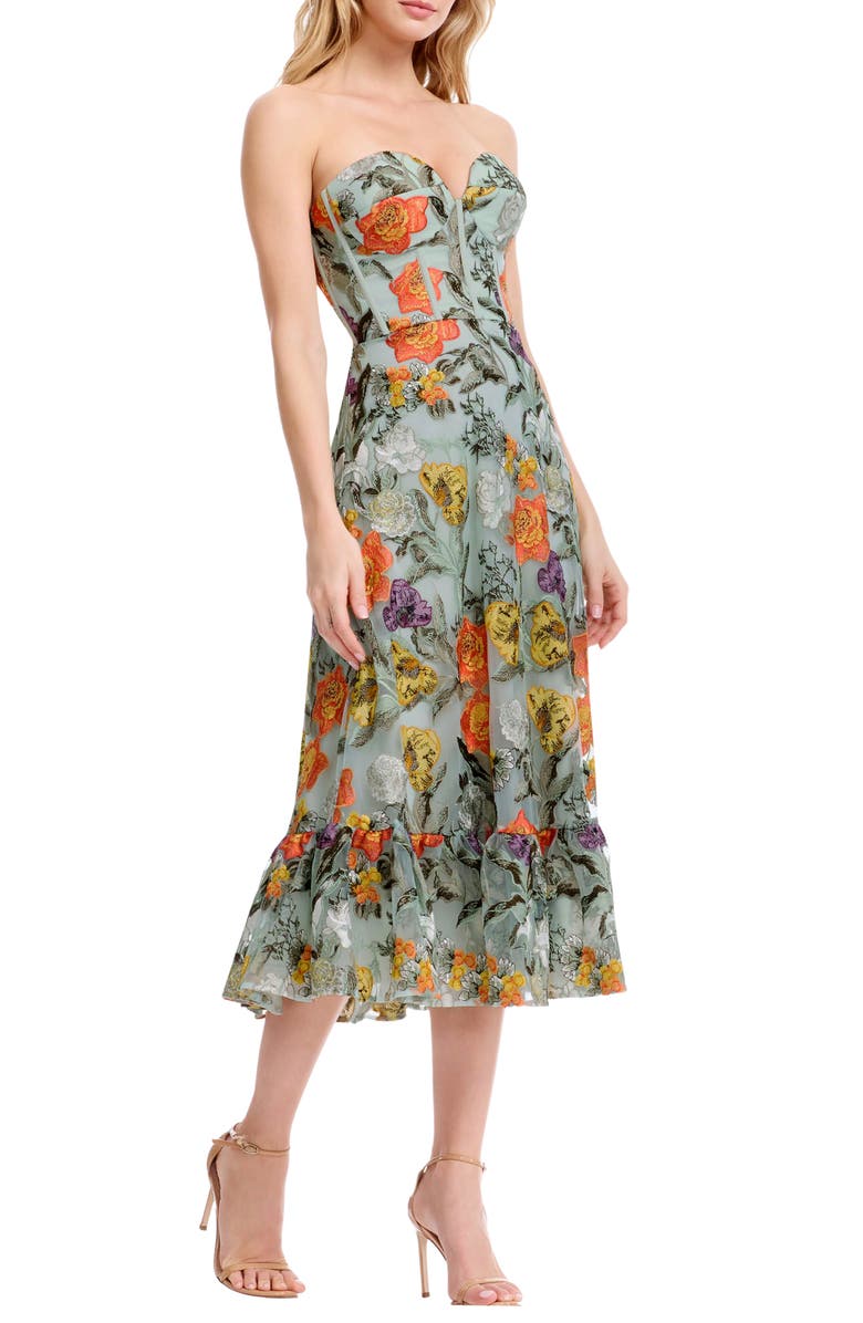 Dress the Population Carina Floral Embroidered Strapless Cocktail Dress, Alternate, color, Sage Multi