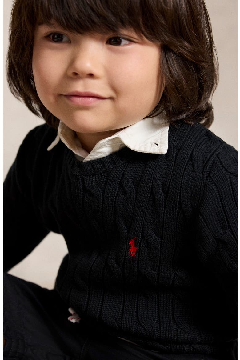Kids' Cable Knit Cotton Crewneck Sweater, Alternate, color, POLO BLACK