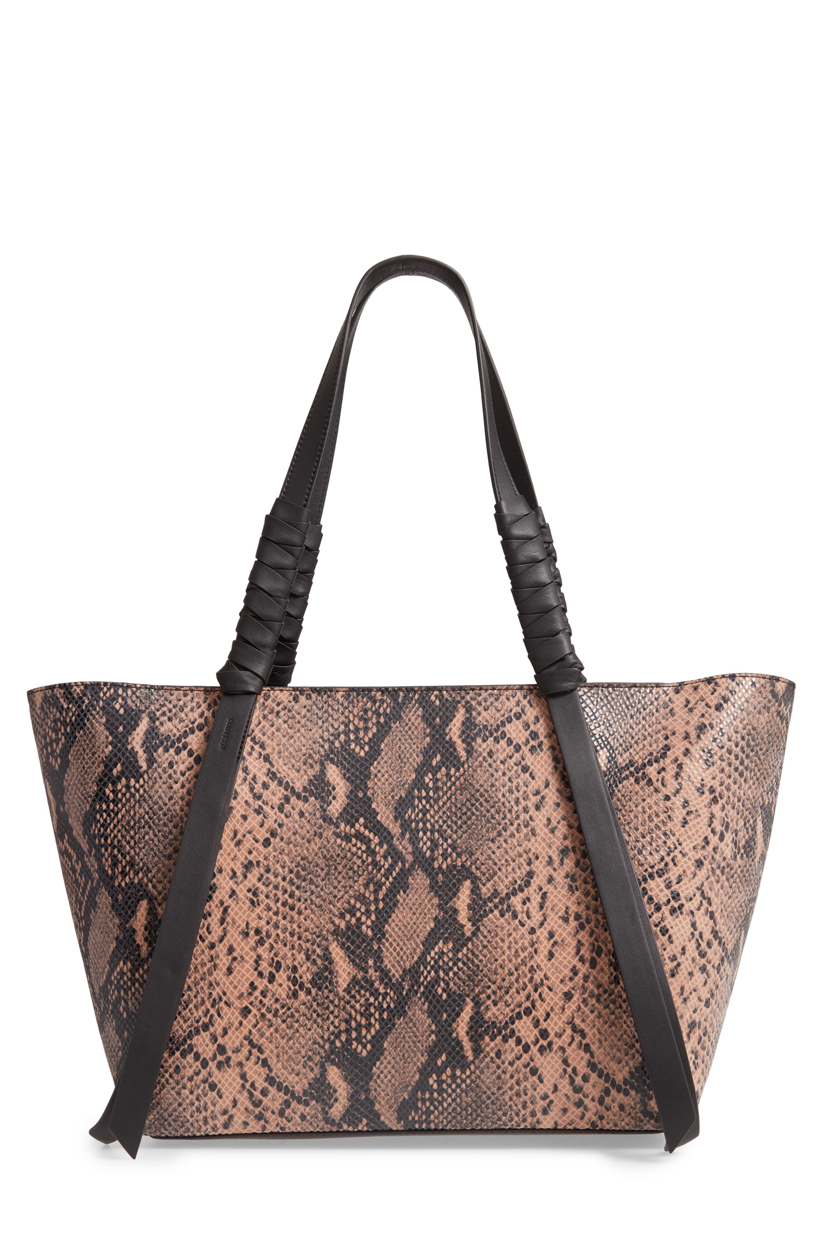 AllSaints Small Kepi Snake Embossed Leather East/West Tote, Main, color, 