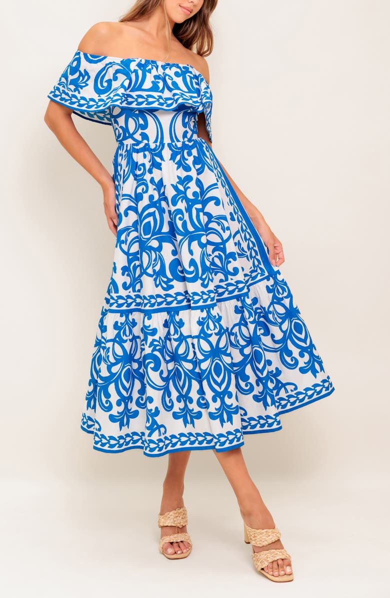 FLYING TOMATO Filigree Off the Shoulder Midi Dress, Alternate, color, Blue White