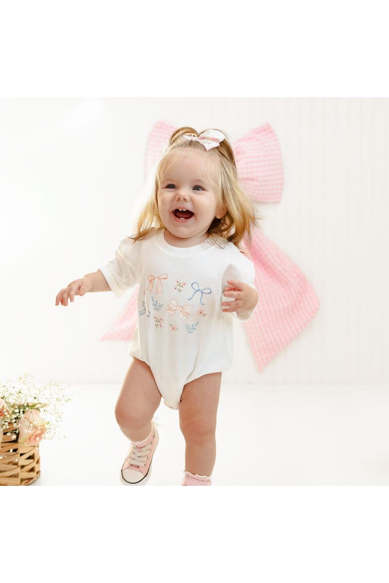 Floral & Bow Watercolor Short Sleeve Romper, Alternate, color, White
