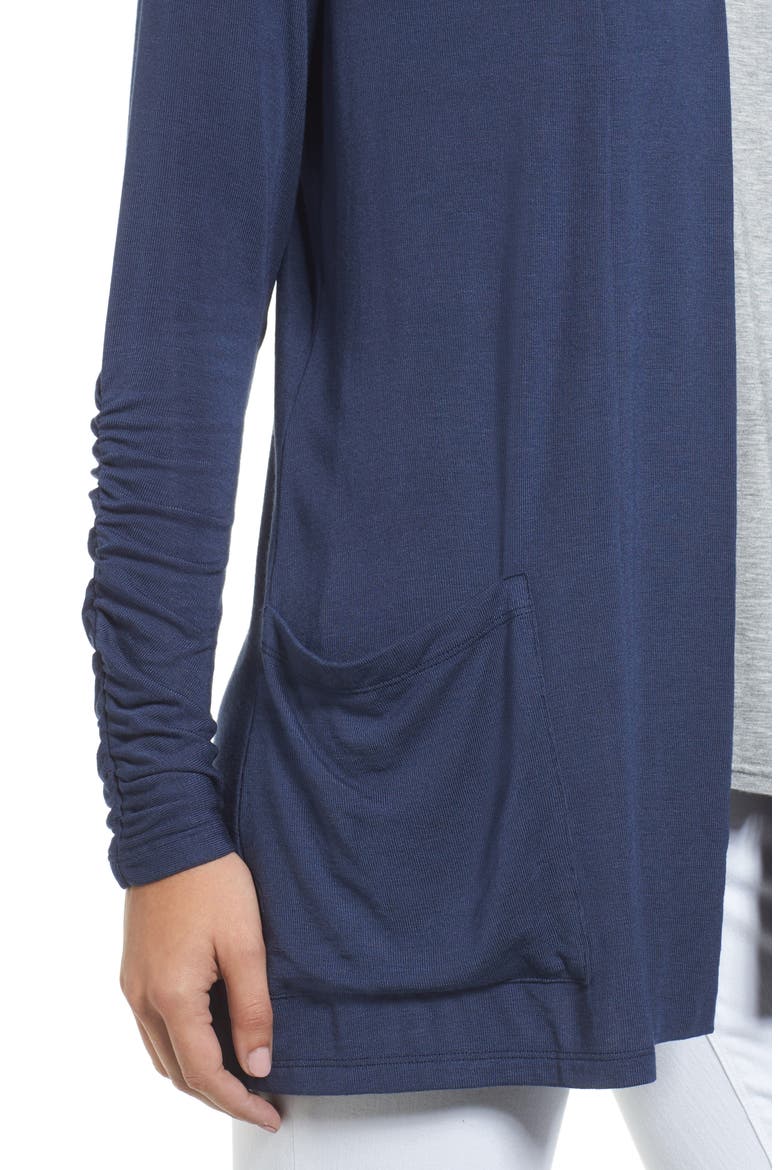 Ruched Sleeve Cardigan, Alternate, color, NAVY