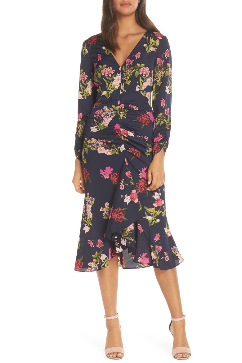 Floral Ruched Midi Dress, Main, color, NAVY