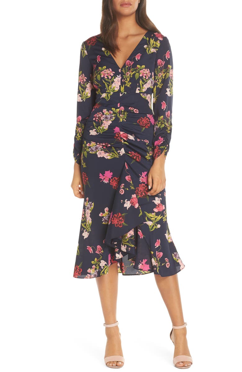 Eliza J Floral Ruched Midi Dress, Main, color, 