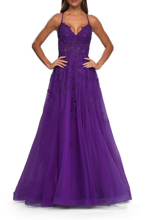 La Femme A-line Tulle Prom Dress With Lace Applique Sheer Bodice In Royal Purple