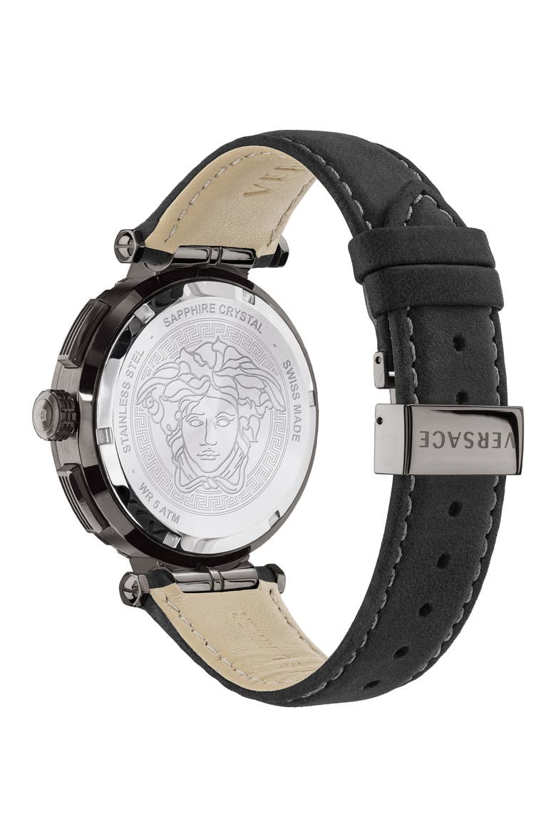 Greca Detailed Leather Strap Watch, 45mm, Alternate, color, BLACK