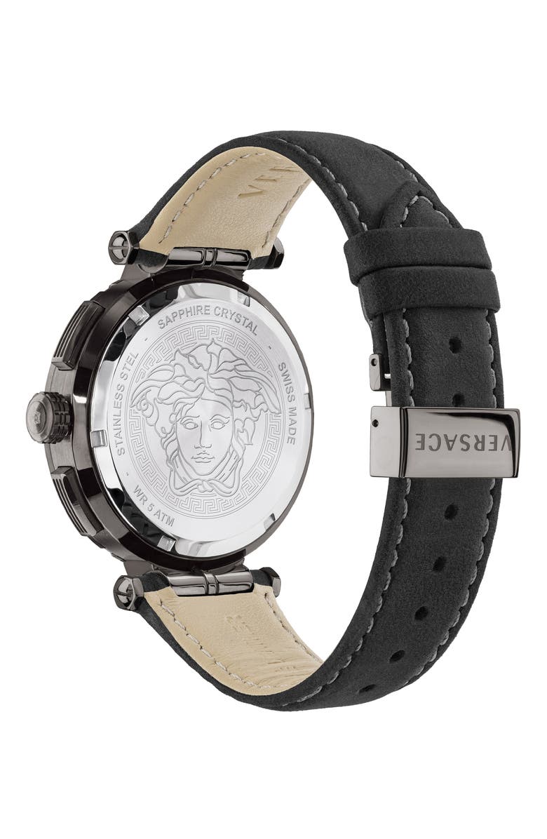 Versace Greca Detailed Leather Strap Watch, 45mm, Alternate, color, 