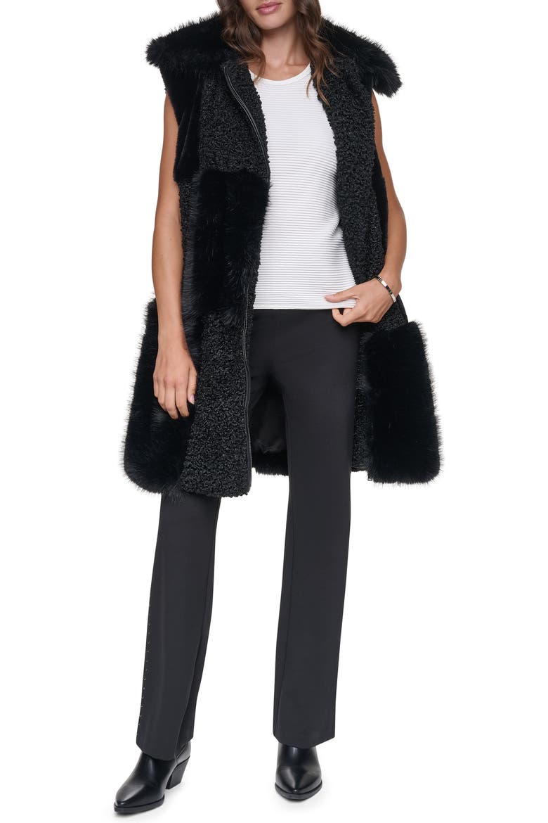 Patch Mix Faux Fur Long Vest, Alternate, color, BLACK