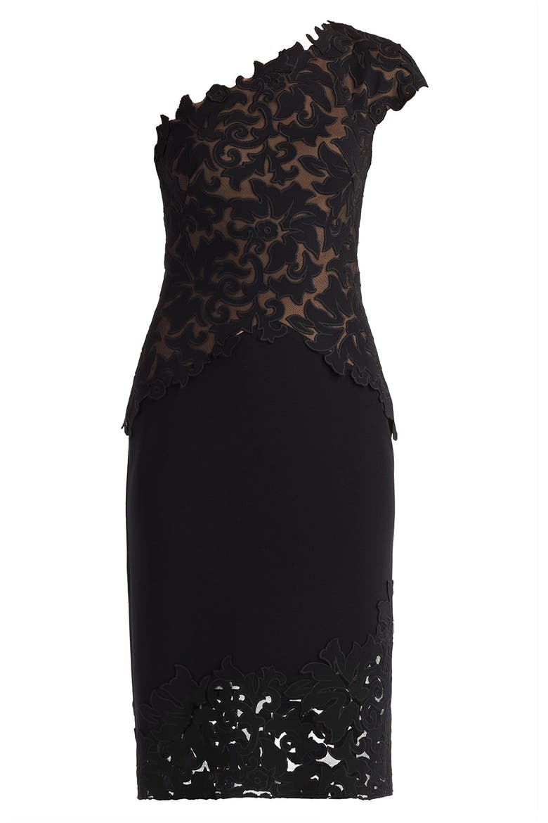 Laser Cutout One-Shoulder Cocktail Dress, Alternate, color, BLACK/ NUDE