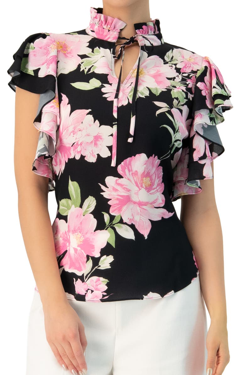 IVONNE Floral Print Blouse with Ruffle Sleeves, Alternate, color, Black