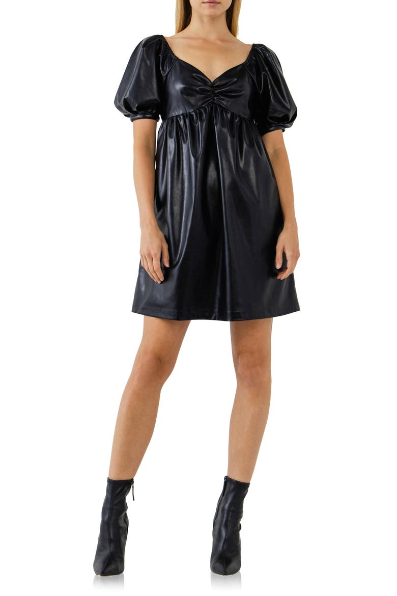Faux Leather Babydoll Minidress, Main, color, BLACK