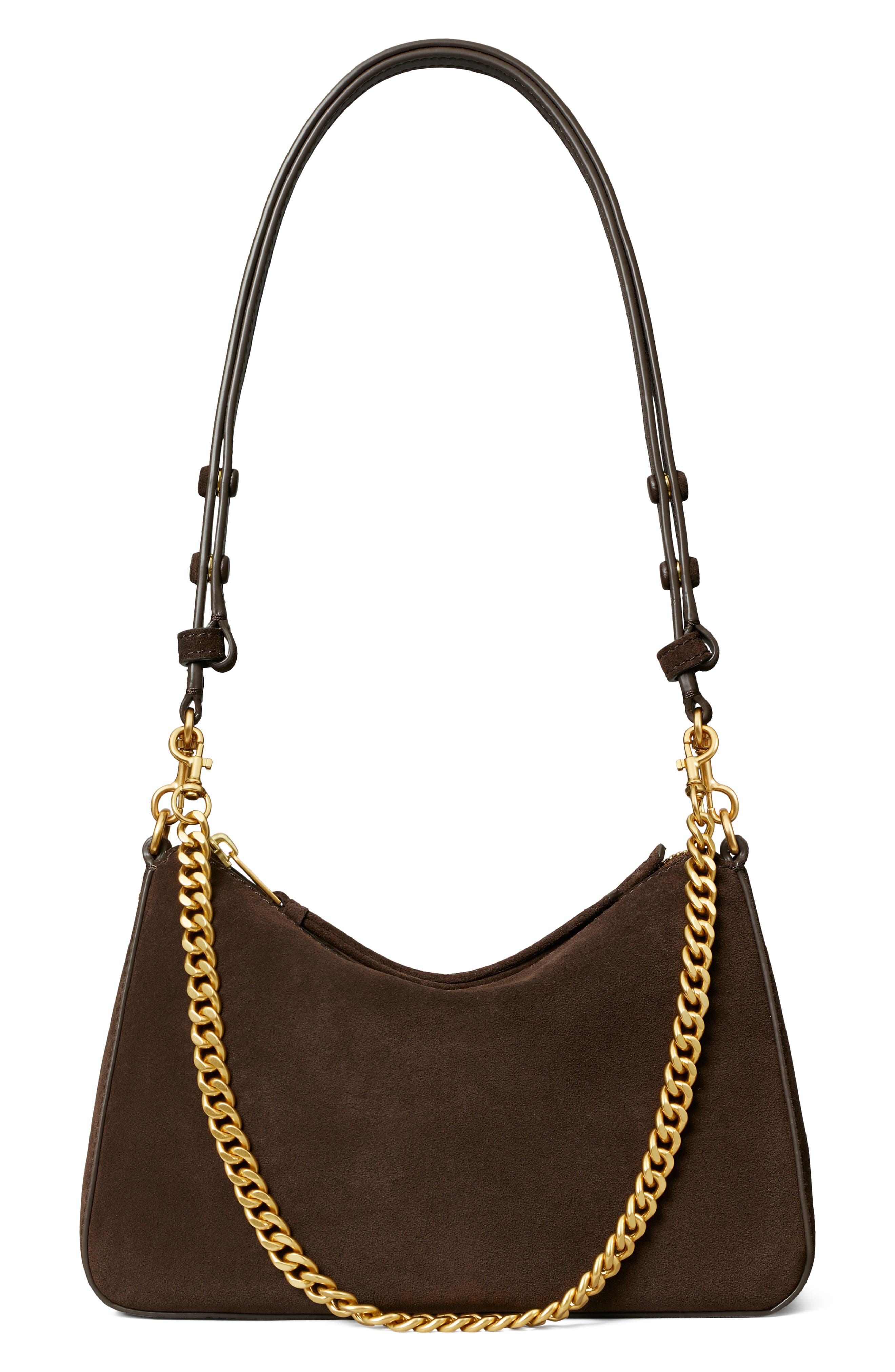 Perry Small Suede Shoulder Bag, Main, color, DEEP BROWN