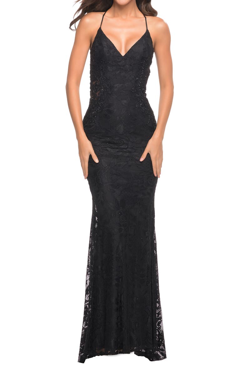La Femme Stretch Lace Gown, Main, color, 