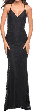 La Femme Lace Prom Dress with Illusion Embellished Sides