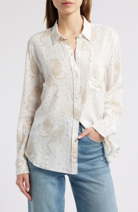 Charli Leopard Print Linen Blend Button-Up Shirt