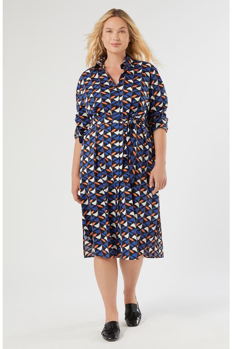 Voyage Collection Print Long Sleeve Stretch Poplin Shirtdress, Alternate, color, NAVY