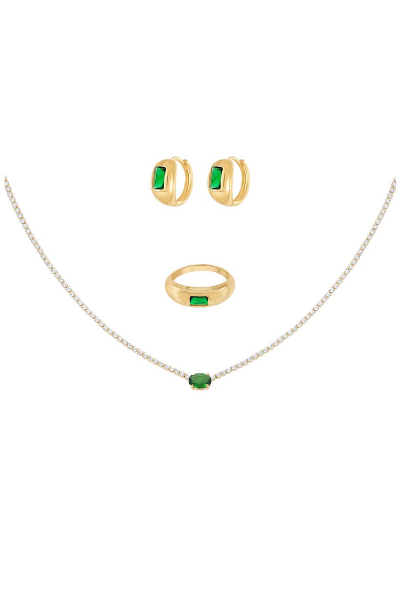 18k Gold Plated Sterling Silver Emerald Rectangle Necklace, Ring & Huggies Set Gift Idea, Main, color, Gold