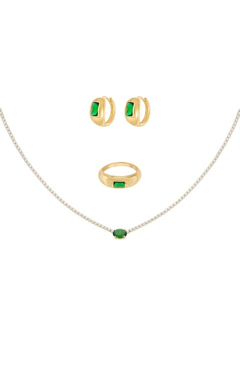 18k Gold Plated Sterling Silver Emerald Rectangle Necklace, Ring & Huggies Set Holiday Gift Idea