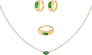 Bearfruit Jewelry 18k Gold Plated Sterling Silver Emerald Rectangle Necklace, Ring & Huggies Set Gift Idea