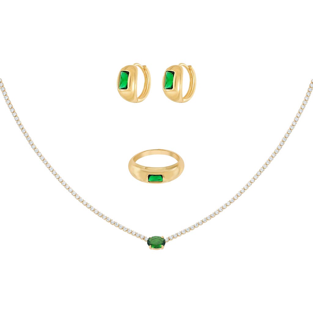 Bearfruit Jewelry 18k Gold Plated Sterling Silver Emerald Rectangle Necklace, Ring & Huggies Set Hol