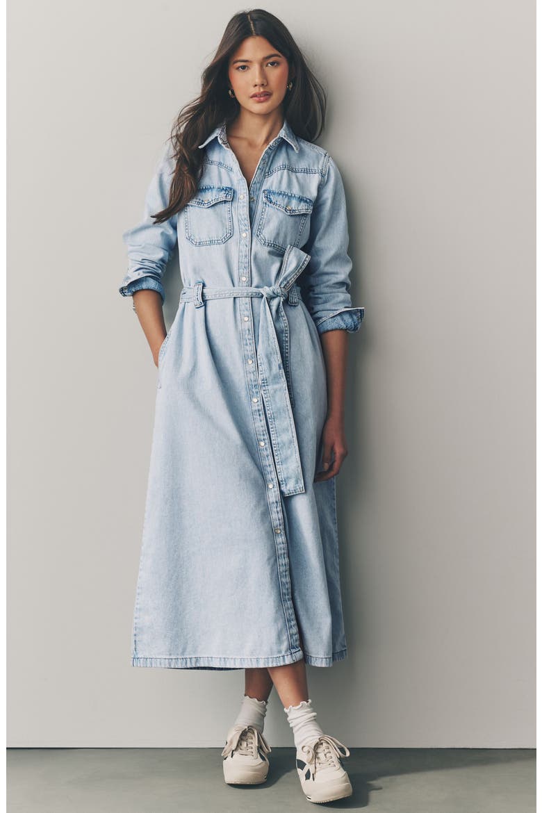 Tie Waist Long Sleeve Denim Maxi Dress, Alternate, color, BLUE