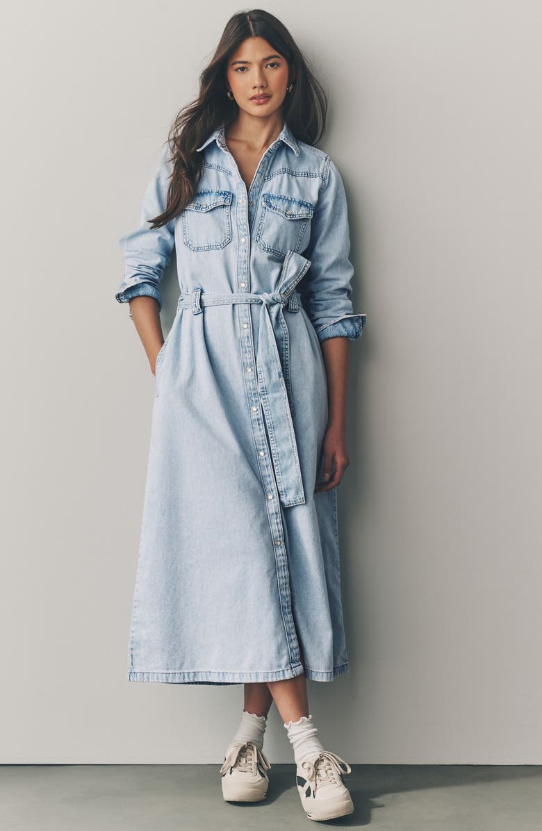 NEXT Tie Waist Long Sleeve Denim Maxi Dress, Alternate, color, Blue