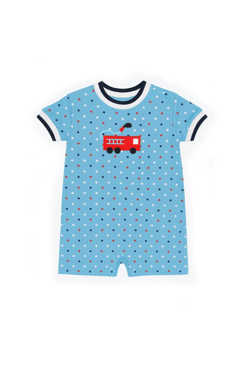 Printed Knit Shortall With Fire Truck, Main, color, Blue/Multi