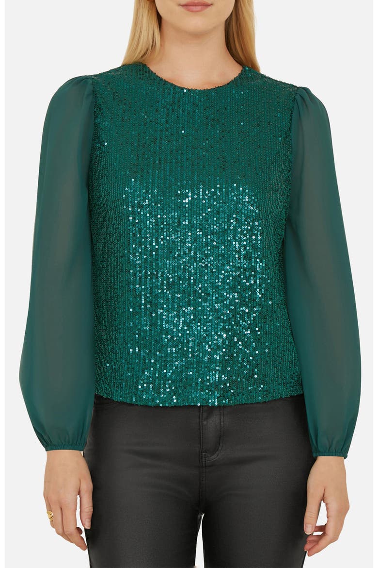 Sheer Sleeve Sequin Top, Alternate, color, Green