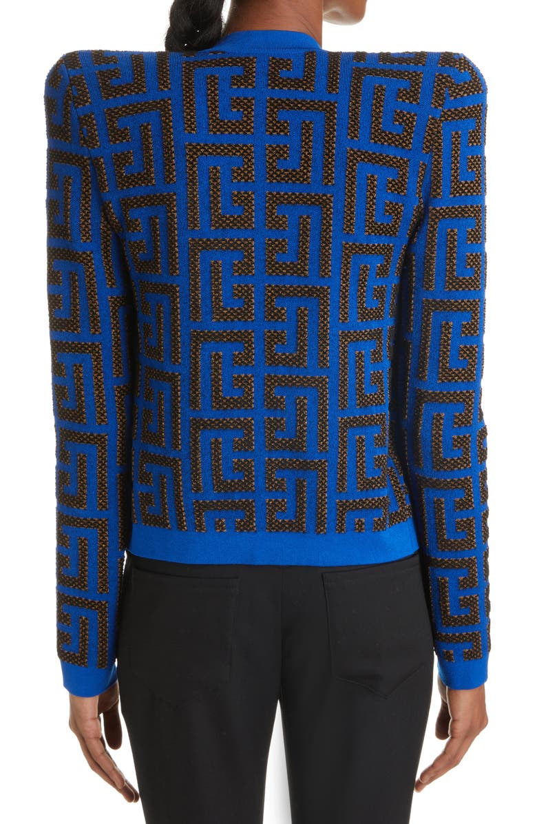 Balmain Pharaon Metallic Monogram Jacquard Sweater Jacket, Alternate, color,