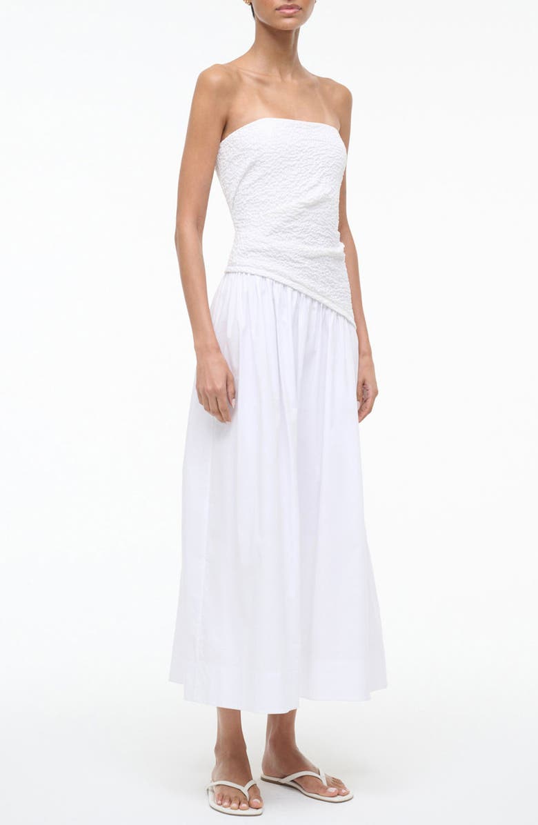 STAUD Nia Strapless Midi Dress, Alternate, color, White