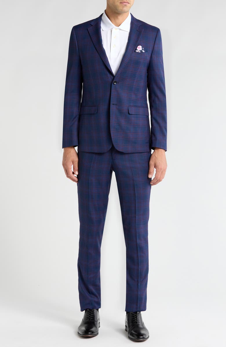 SOUL OF LONDON Fancy Plaid Two Button Slim Fit Suit, Main, color, Navy/ Marine