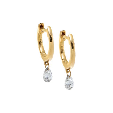 Pear Floating Diamond Solid Huggie Earring 14K