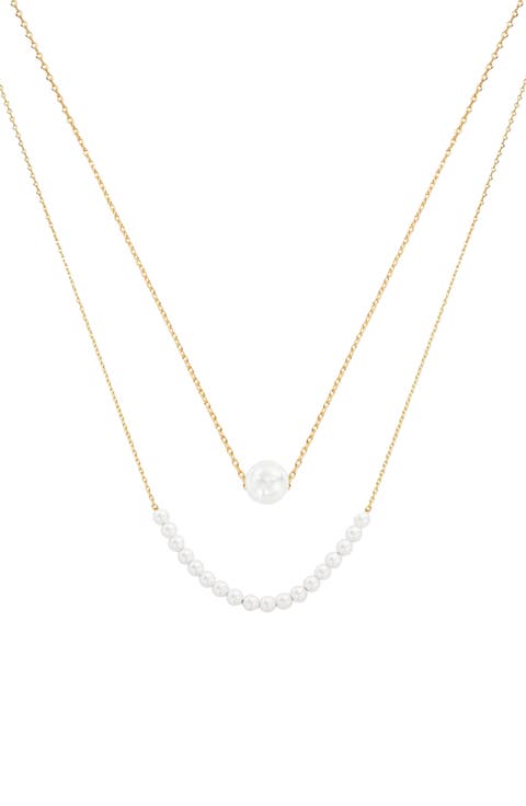18K Gold Plated Sterling Silver Perfect Pearl Pair Necklace Set Gift Idea