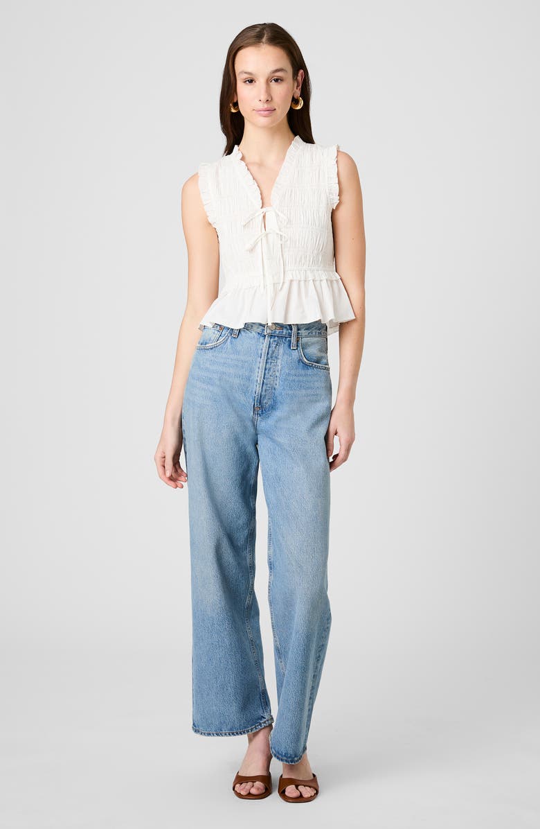 French Connection Rhodes Ruffle Smocked Peplum Cotton Poplin Top, Alternate, color, Summer White