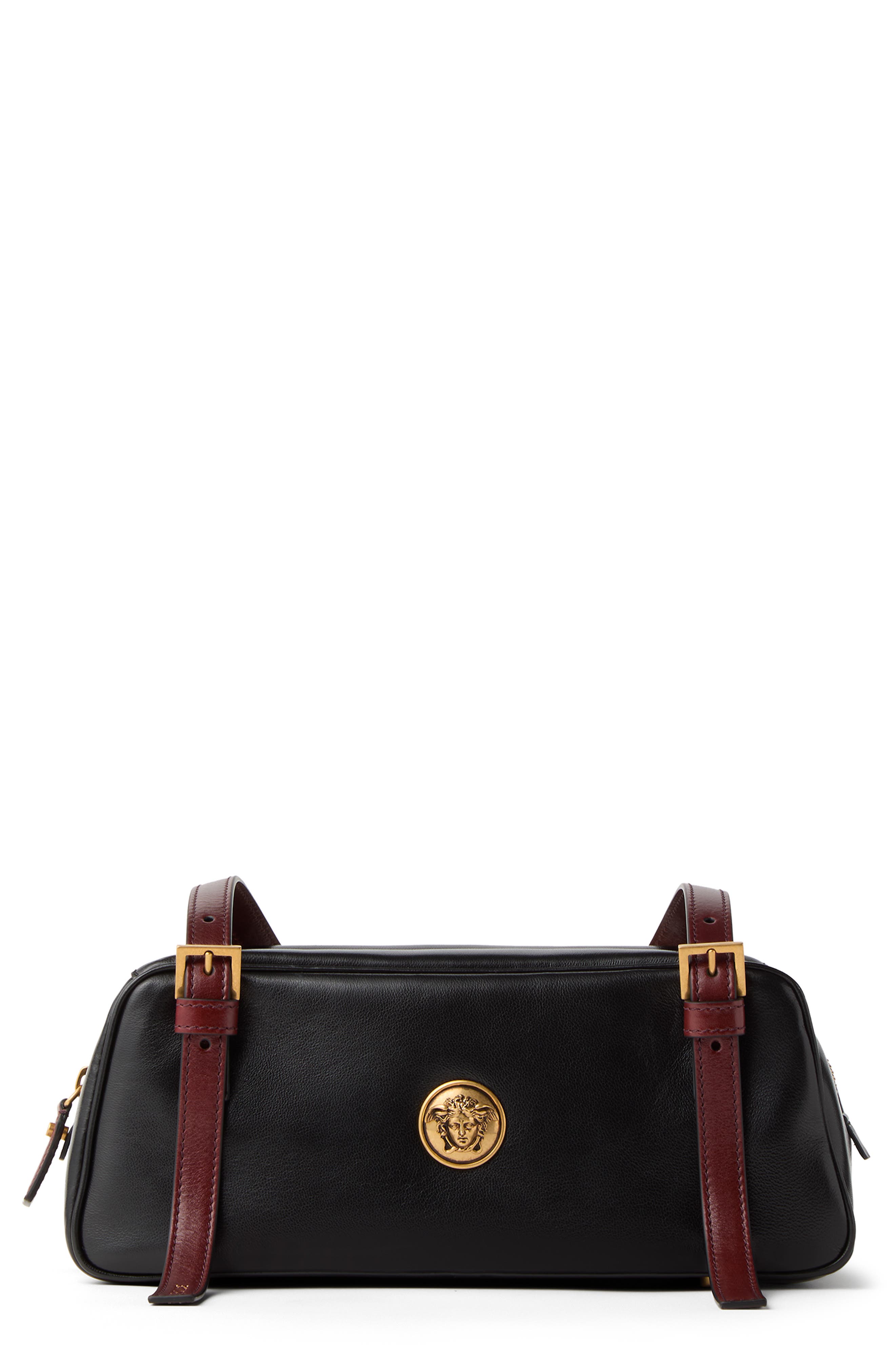 Versace Small Emblème Medusa Leather Bowling Bag, Main, color, Black Rosewood Gold