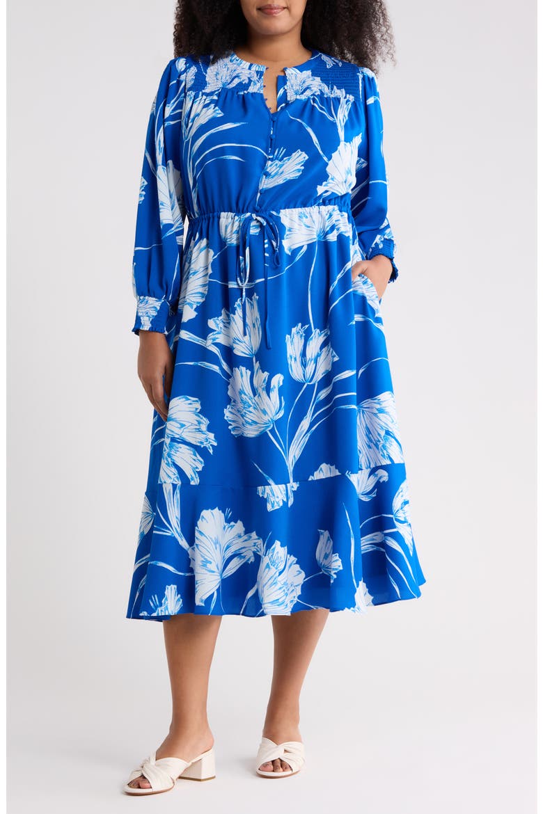 Amanlia Floral Keila Long Sleeve Smocked Yoke Midi Dress, Main, color, BLUE-WHITE
