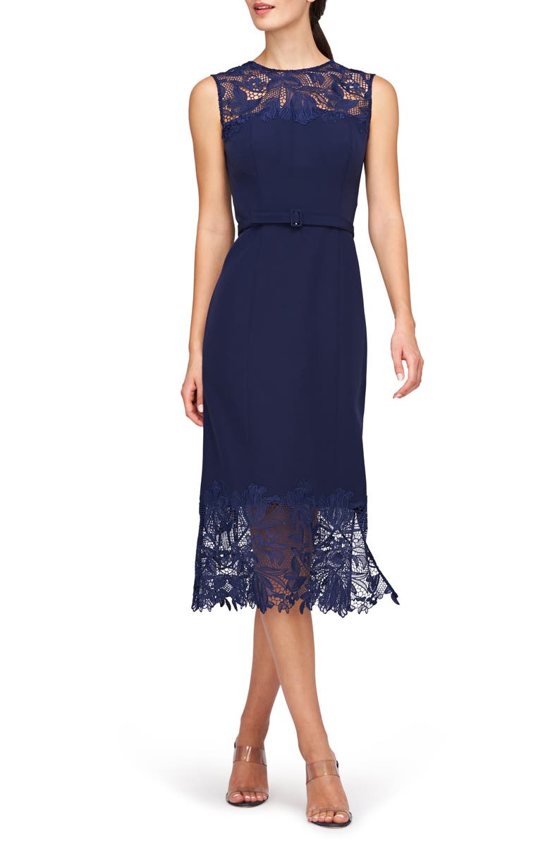 Kay Unger Jamie Lace Trim Belted Midi Dress, Main, color,