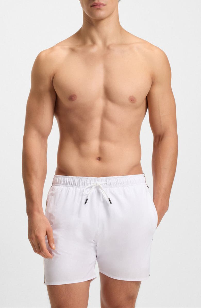 BOSS Iconic Side Stripe Swim Trunks, Main, color, White