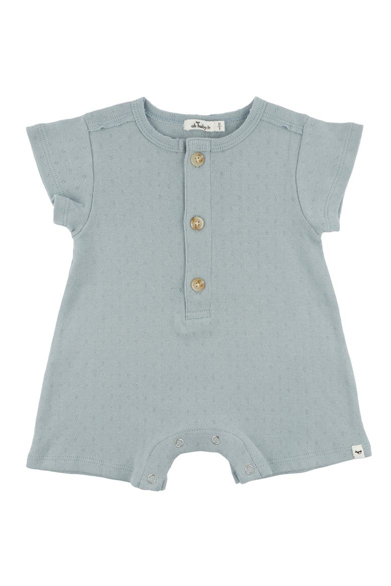 Twinkle Pointelle Raw Edge Short Button Romper, Main, color, Sky Blue