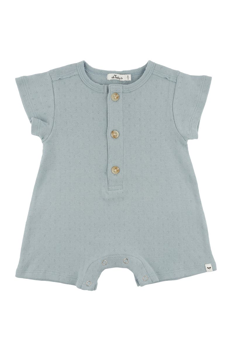 oh baby! Twinkle Pointelle Raw Edge Short Button Romper, Main, color, Sky Blue