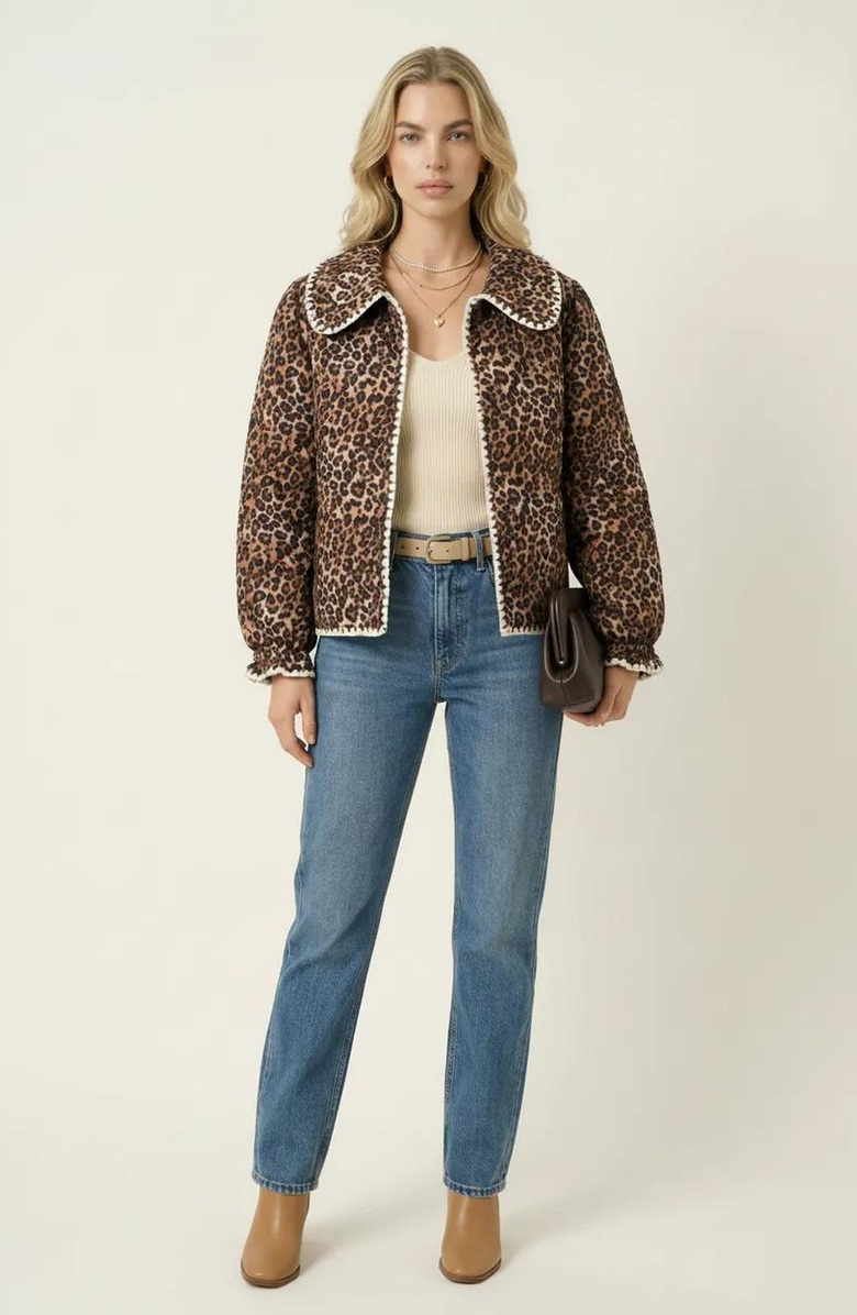 Modenaire Leopard Print Button-Front Contrast Trim and Collar Jacket, Main, color, Leopard Print