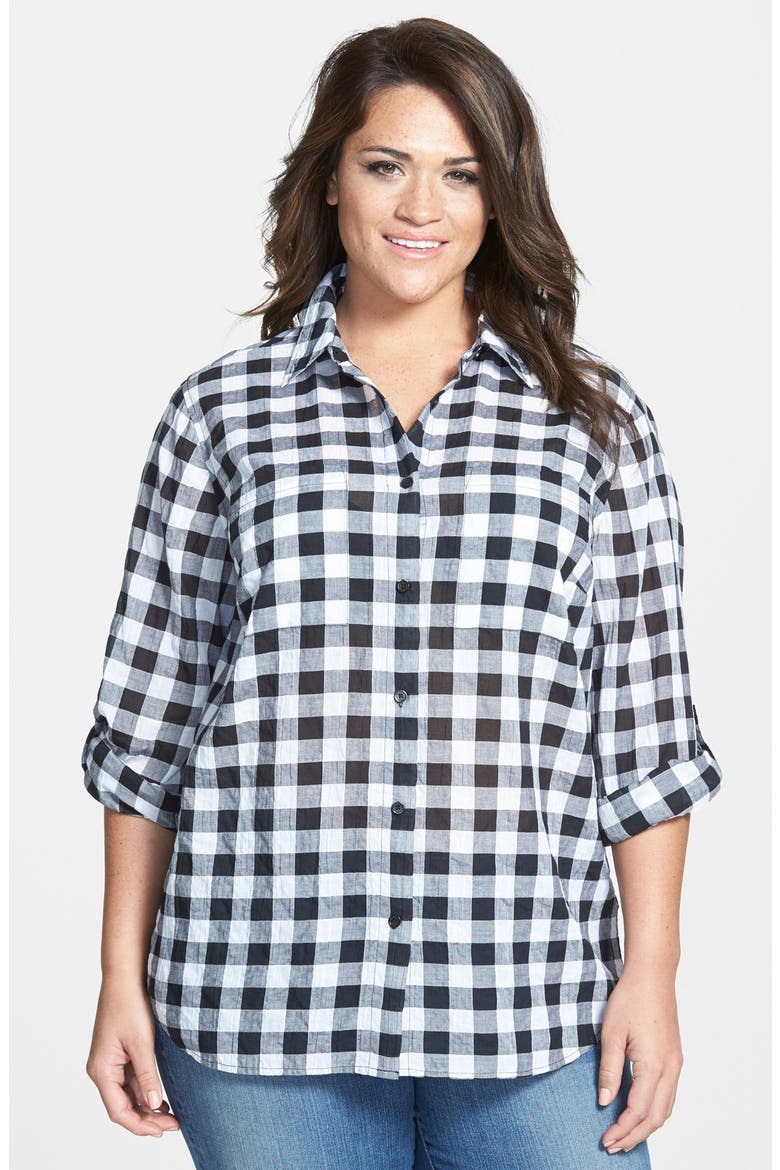 Roll Sleeve Check Plaid Shirt, Main, color, BLACK