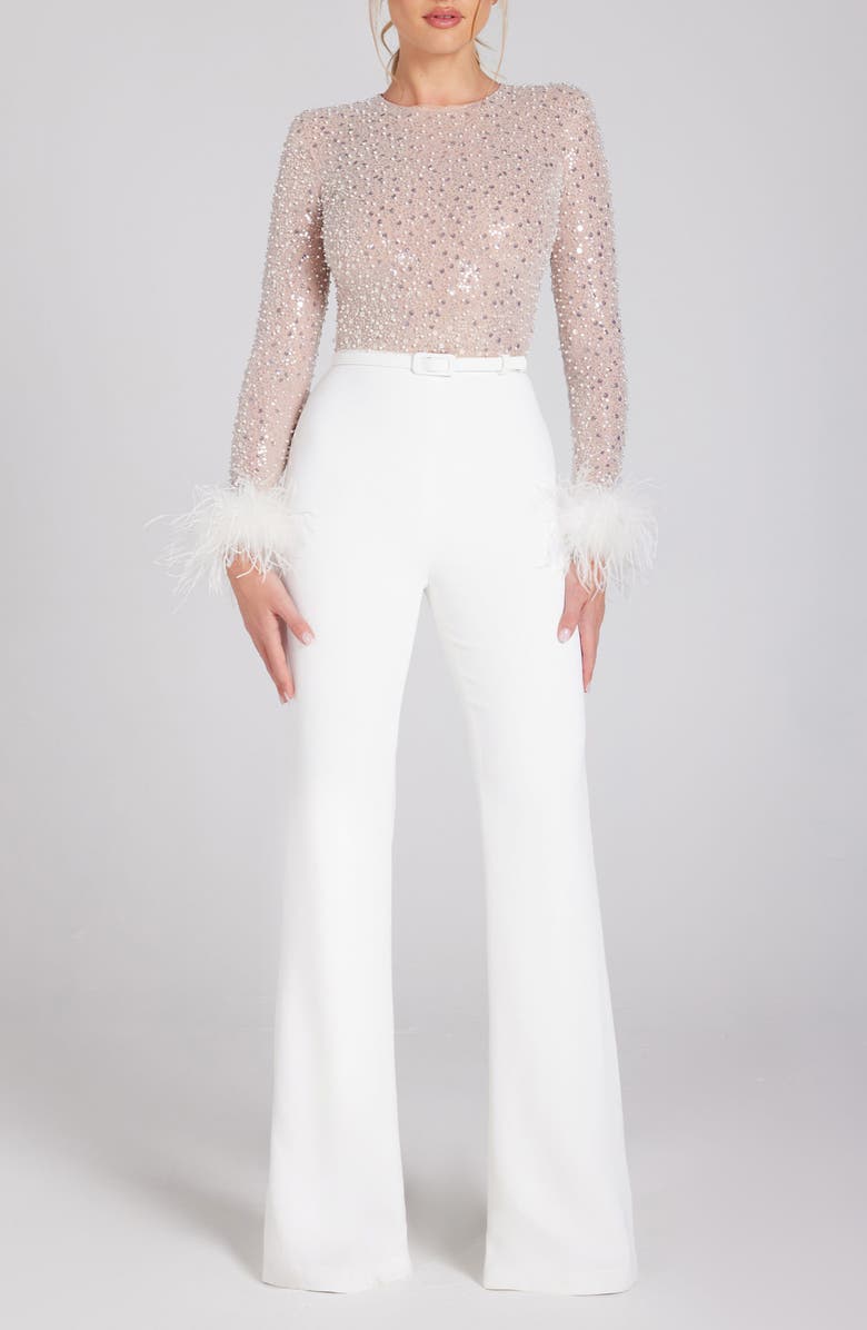 NADINE MERABI Amelia Sequin Flare Leg Jumpsuit, Alternate, color, White