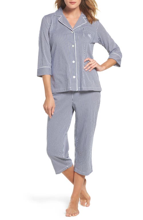 Shop Ralph Lauren Lauren  Knit Crop Cotton Pajamas In Windsor Navy/white Stripe